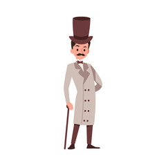 Gentleman in cylinder hat with walking stick flat vector illustration isolated.