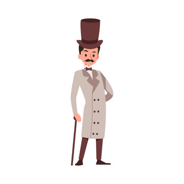 Gentleman in cylinder hat with walking stick flat vector illustration isolated.