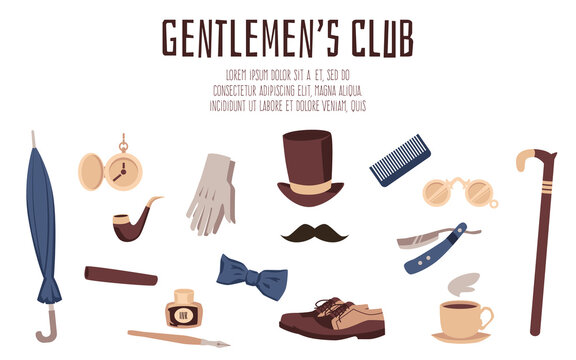 Gentlemens club web banner with vintage fashion items, flat vector illustration.