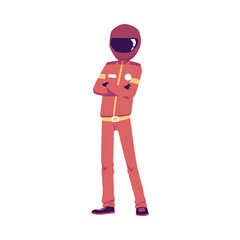 Cartoon character racer in helmet and red uniform a isolated vector illustration