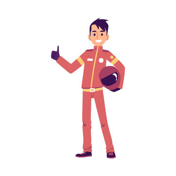 Car Pilot Or Race Driver Rising Thumb Up, Flat Vector Illustration Isolated.