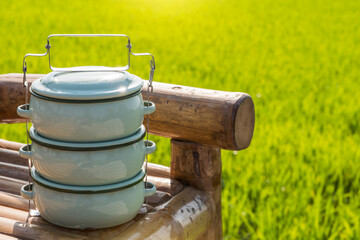 Zinc coated food carrier in Thailand countryside, beautiful natural farm atmosphere in the morning