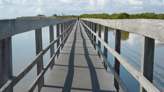 Slow cinematic tilt pan of the Urunga Boardwalk