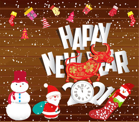 Happy new year 2021 Year of the Ox .Christmas background with snowman and santa claus on wood