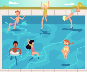 Little kids having fun at swimming pool party, flat vector illustration.