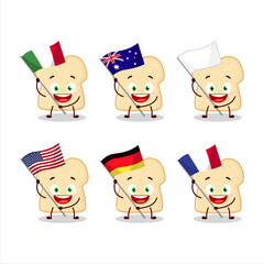 Slice of bread cartoon character bring the flags of various countries