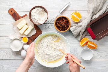 Raisin pie making process with ingredients, flat lay