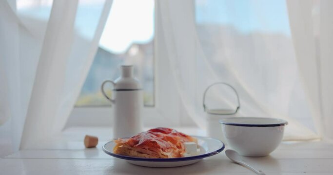 Tasty breakfast in the morning with freshly baked puffed cheese pie and yogurt milk