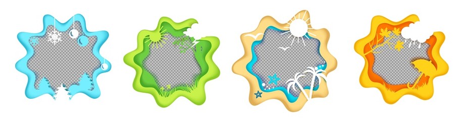 Seasonal social media stories, posts vector templates. Paper cut craft style winter, spring, summer and autumn backgrounds, wallpapers. Poster, banner, cover, card.