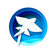 Flying Fish. Sea animal. Ocean life in paper craft style.
