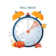 Daylight Saving Time concept. Autumn landscape with text Fall Back, the hand of the clocks turning to winter time. DST in Northern Hemisphere, USA time, vector illustration in modern flat style design - 387065184