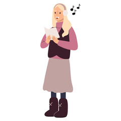 Young girl dressed in outerwear singing Christmas carol isolated on white background . 