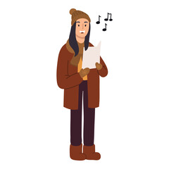 Happy young girl dressed in outerwear singing Christmas carol isolated on white background . 