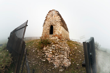 Ancient sanctuary Myat-Seli on the slope of mount Stolovaya, Ingushetia, Russia