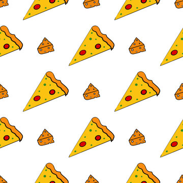 Seamless patterns with pizza and cheese. Cheese icon in flat style. A slice of pizza. Suitable for backgrounds, postcards, and wrapping paper. Vector.