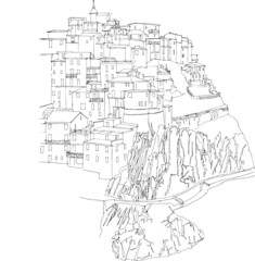 drawing of a city on the edge of a cliff in lines vector