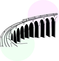 
railway over the cliff along the mountains illustration in lines