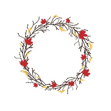 Round Wreath with black branches and twigs and autumn leaves.