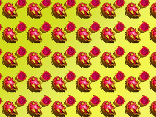 Dragon Fruit Pattern - Pitahaya Cut into pieces and whole on a yellow background