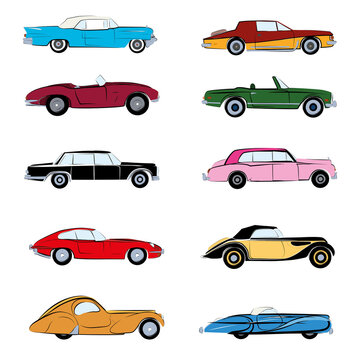 Retro cars sketch and flat vector illustration. Poster and icon illustration isolated at white and transparent background. Color print design
