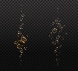 Gold fizzy bubbles. Sparkles champagne. Fizzy pop and effervescent drink. Abstract fresh soda and air bubbles, oxygen, champagne crystal. Vector illustration on black transparent background.