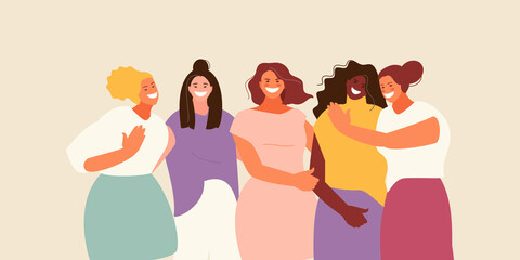 Girlfriends hugging laughing women. Friendship and sisterhood, female solidarity and support vector illustration