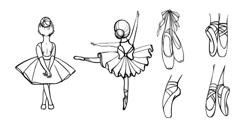 ballet set with two ballerinas and pointe in countur - obrazy, fototapety, plakaty