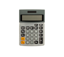 Green power office desktop calculator with solar cell power isolated on white background with paths.