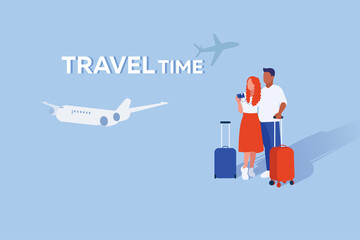 Art illustration of couple of man and woman they stay with suitcases in light blue background with airplanes.