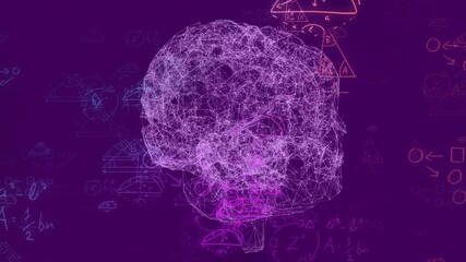 Mathematical equations against 3D spinning human brain on purple background - Powered by Adobe