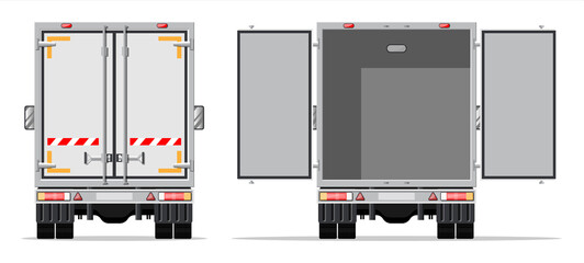 Truck trailer rear view side with closed and open doors. Delivery van isolated. Express delivering services commercial truck. Fast and free delivery by car. Cargo logistic. Flat vector illustration © absent84