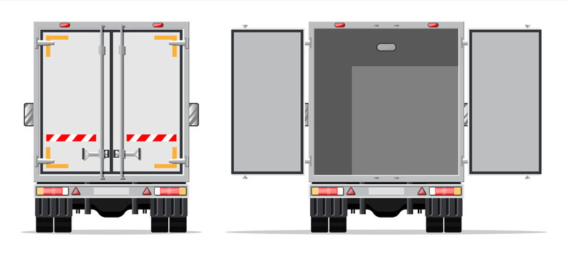 Truck trailer rear view side with closed and open doors. Delivery van isolated. Express delivering services commercial truck. Fast and free delivery by car. Cargo logistic. Flat vector illustration