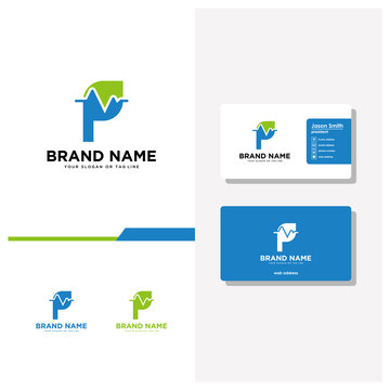 letter P pulse logo design and business card vector