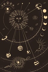 raster illustration, crystals and solar system, phases of the moon. Patterns of the sky in the style of vintage engravings. Astronomy. Astrology. Magical and mystical signs. Zodiac signs