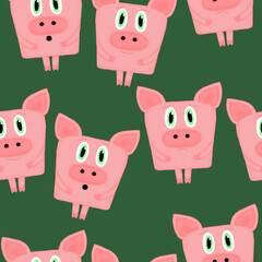 seamless pattern with emotional pigs on a green background