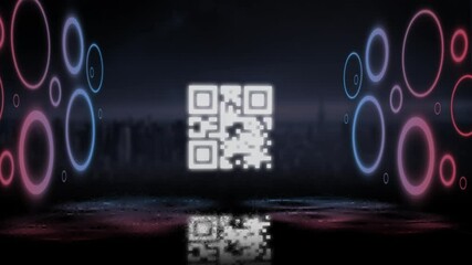 QR code scanner with neon elements against cityscape - Powered by Adobe