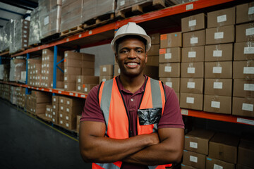 Close-up of male worker cross-armed smiling while standing next to parcels in factory shop 