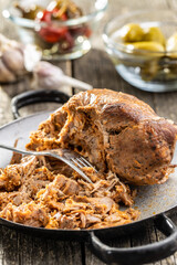 Pulled pork meat.