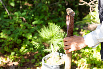Hand of a man holding a shovel