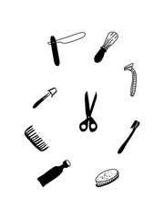Stock vector bath tools set including scissors, razors, brush, toothbrush and toothpaste. Doodle body accessories for barber shop decoration, hairdressing. Hand drawn illustration isolated on white.