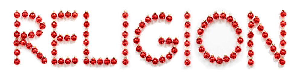 Red Christmas Ball Ornament Building English Word Religion. Festive Christmas Decoration. White Isolated Background