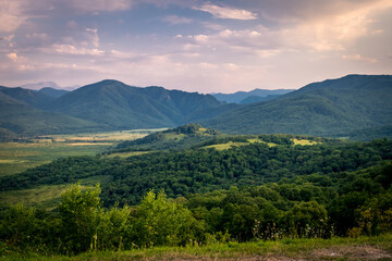 Obraz premium Early morning just after sunrise. Silhouettes of mountains in the morning haze, grass and wildflowers in the foreground. Alpine summer landscape. Lagonaki Plateau, Republic of Adygea, Russia