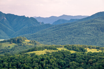 Obraz premium Early morning just after sunrise. Silhouettes of mountains in the morning haze, tree branch in the foreground. Alpine summer landscape.