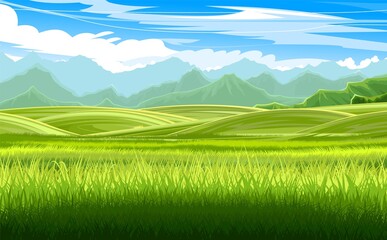 Rural hills. Scenery. Vector. Pasture grass for cows and a place for a vegetable garden and farm. Meadows and trees. Horizon. Beautiful view. Summer.