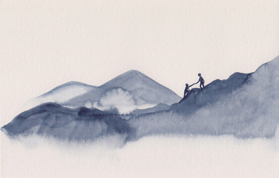 Watercolor landscape with grey grunge mountains. Peaceful serene nature background with layers of rocks for relax, meditation, motivational poster. Two people climbing mountains & helping one another.