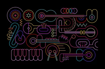 Gordijnen Neonkleuren geïsoleerd op een zwarte achtergrond Muziekinstrumenten vector illustratie. Gekleurde lijntekeningen silhouetten van gitaren, trompetten, saxofoon, saxofoon, drum en piano. ©  danjazzia