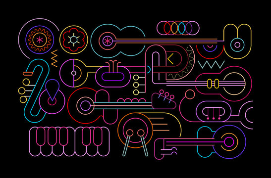 Neon colors isolated on a black background Music Instruments vector illustration. Colored line art silhouettes of guitars, trumpets, sax, saxophone, drum and piano.