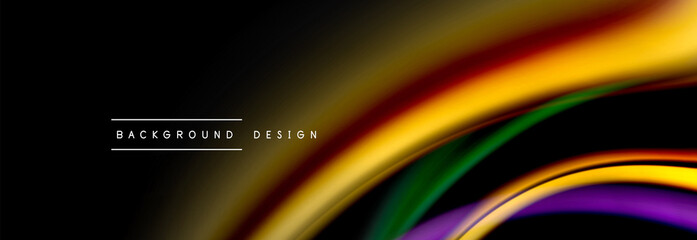Dynamic motion abstract background. Color blurred stripes on black. Wave liquid lines poster. Vector illustration