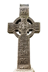 Drogheda, Ireland - July 15, 2020: View of East face of Muiredach's high celtic cross on white...