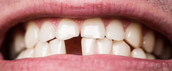 Yellow bad teeth. Smile men with a lost front tooth, toothache. Man without one front tooth. No...